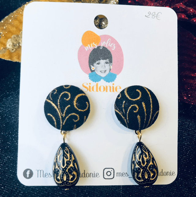 Mini Sidonie noir arabesques dorée pendantes